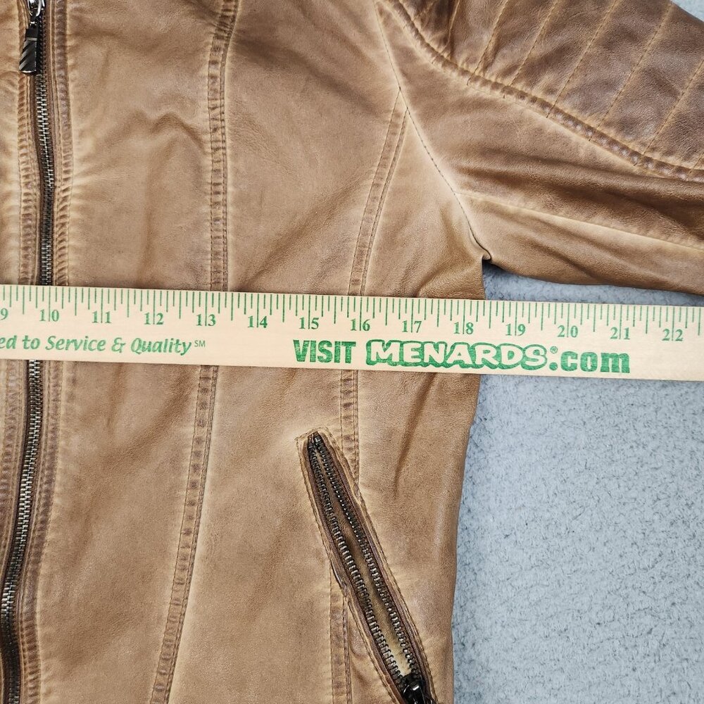 Y2K Womens Brown Faux Leather Coated Full Zip Biker Moto Jacket Size Large Lined - Picture 4 of 10